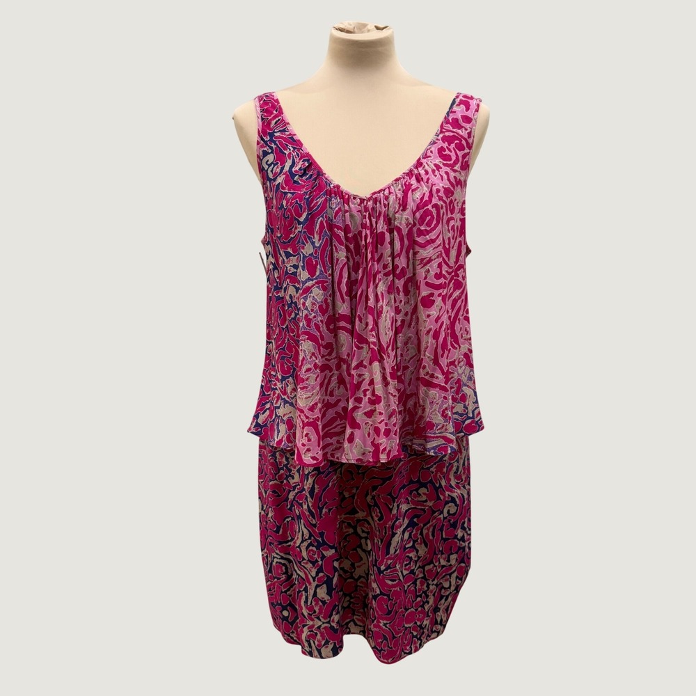 Plenty Tracy Reese Pink Abstract Print Tiered Popover Dress Vacation Resort Sz M